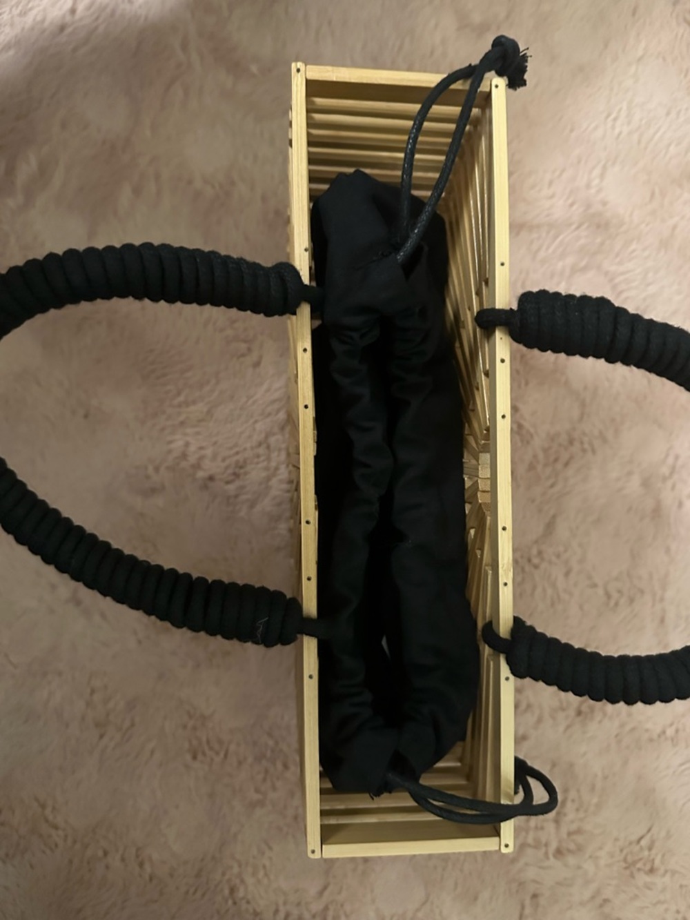 Small Semi-Circle Bamboo Tote with Black Woven Handle and Inside Purse - Picture 4 of 7